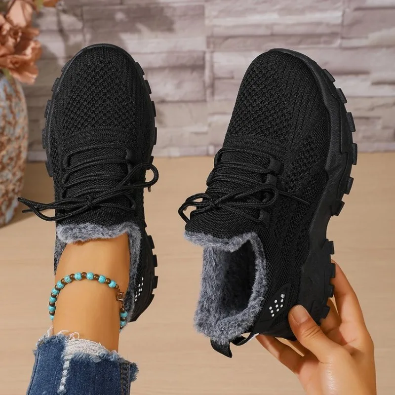 Knit Fabric Lace Up Sneakers - Tênis térmicos de inverno para mulher,