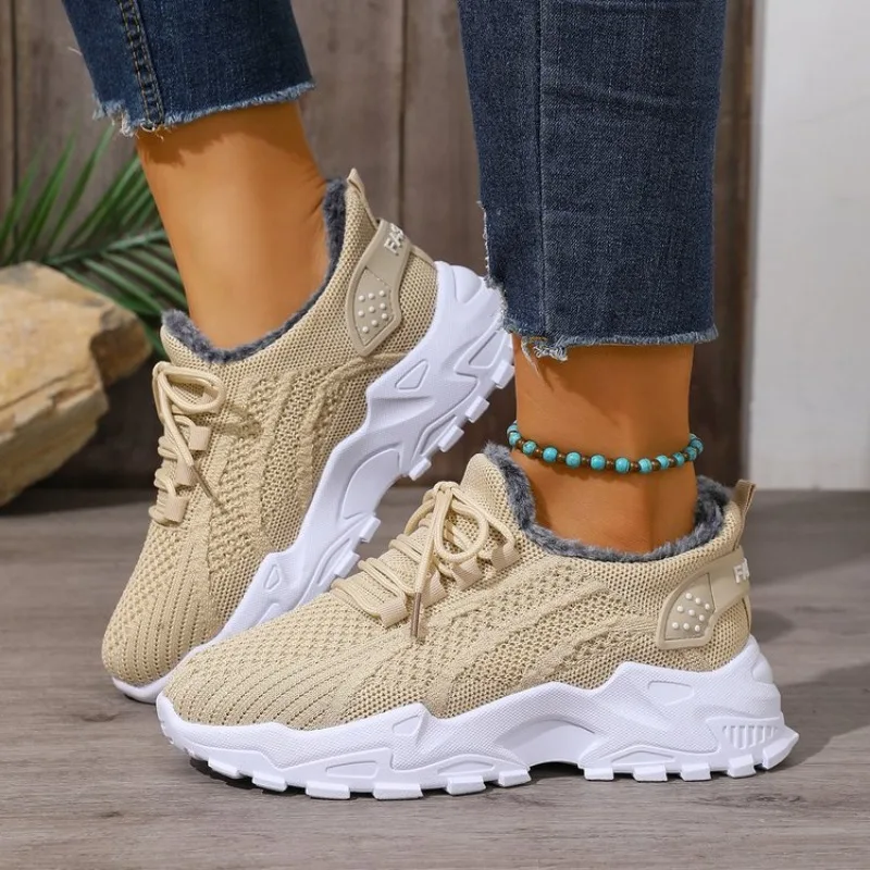 Tênis térmicos de inverno para - Knit Fabric Lace Up Sneakers avaliação e preço