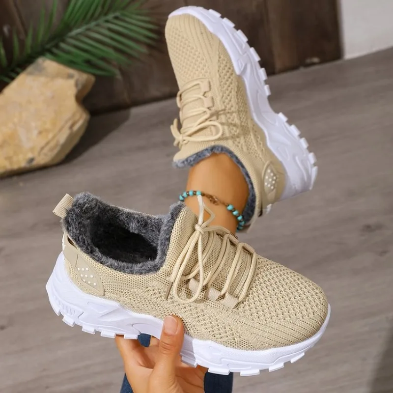 Tênis térmicos de inverno para - Knit Fabric Lace Up Sneakers avaliação e preço